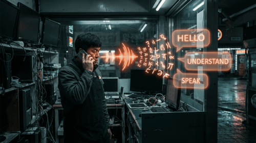 Man using a phone with AI speech bubbles in a high-tech office.