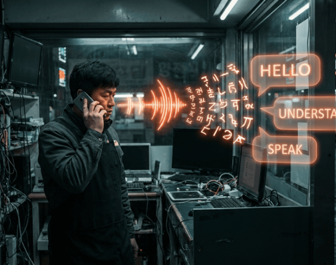 Man using a phone with AI speech bubbles in a high-tech office.