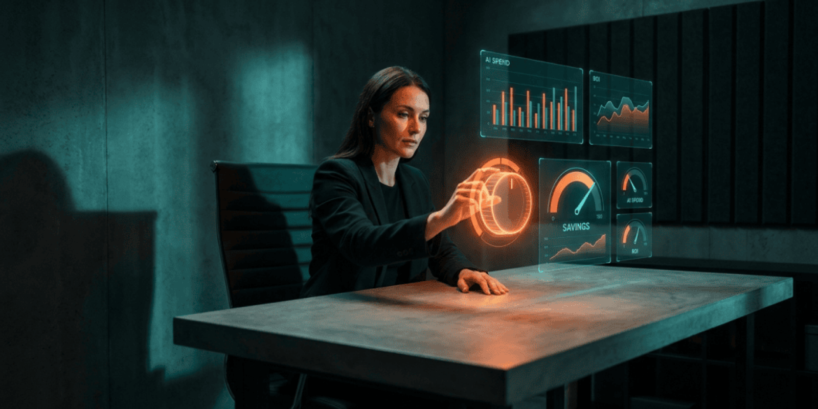 Businesswoman interacting with holographic AI data displays in a modern office.