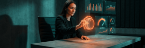 Businesswoman interacting with holographic AI data displays in a modern office.