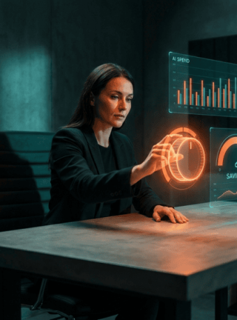 Businesswoman interacting with holographic AI data displays in a modern office.