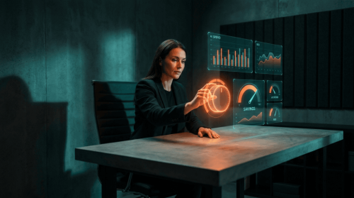 Businesswoman interacting with holographic AI data displays in a modern office.