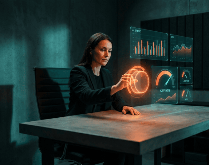 Businesswoman interacting with holographic AI data displays in a modern office.