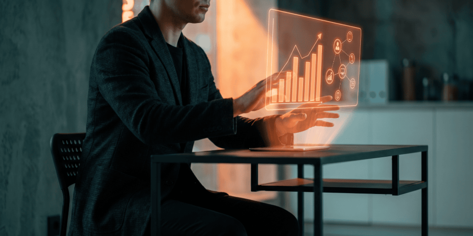 Person analyzing data with holographic AI interface in a modern office.