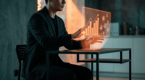Person analyzing data with holographic AI interface in a modern office.