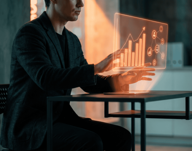 Person analyzing data with holographic AI interface in a modern office.