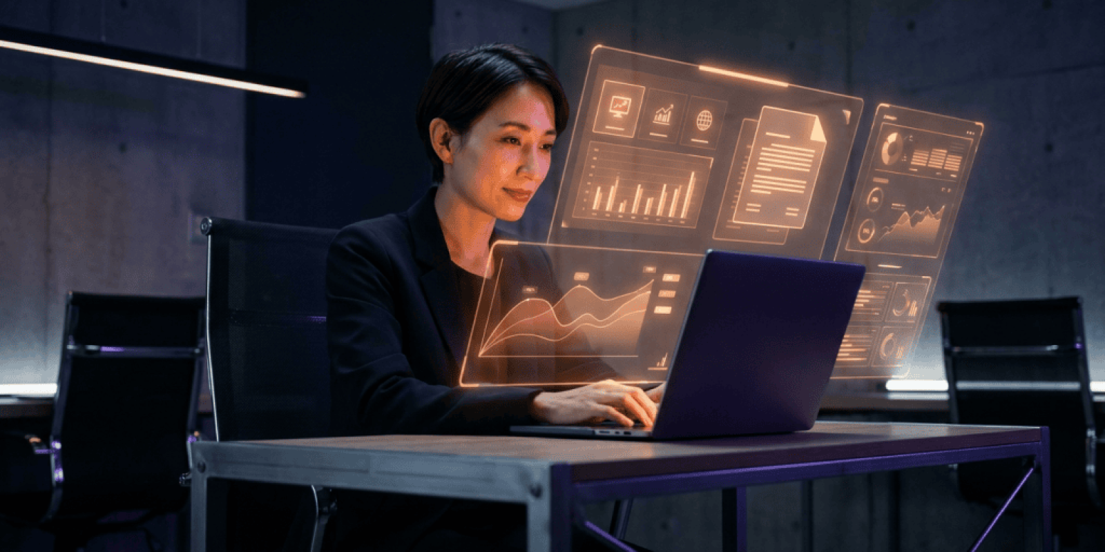 Woman working on AI data analysis with holographic screens.