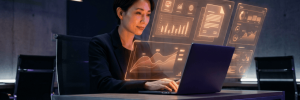 Woman working on AI data analysis with holographic screens.