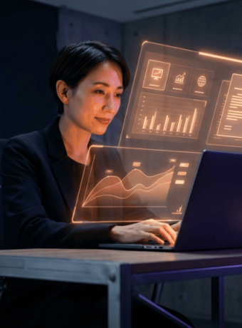 Woman working on AI data analysis with holographic screens.