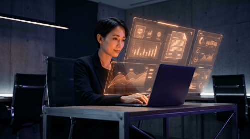 Woman working on AI data analysis with holographic screens.