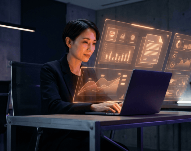 Woman working on AI data analysis with holographic screens.