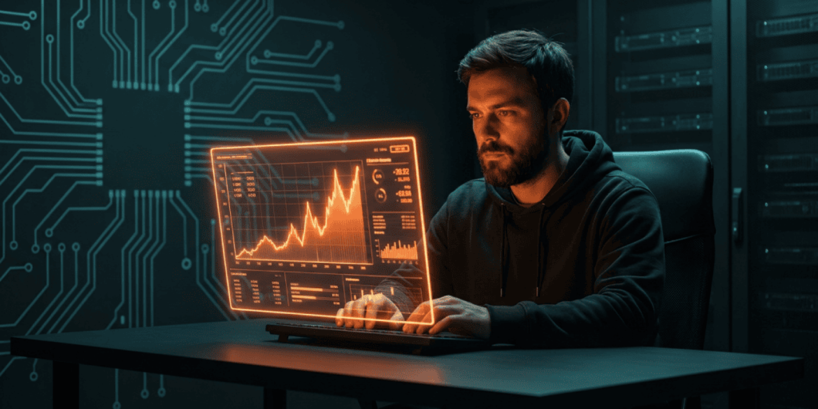 Man analyzing data on a futuristic digital screen in a high-tech environment.