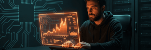 Man analyzing data on a futuristic digital screen in a high-tech environment.