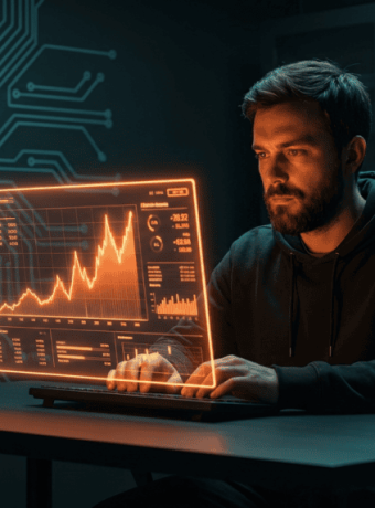 Man analyzing data on a futuristic digital screen in a high-tech environment.