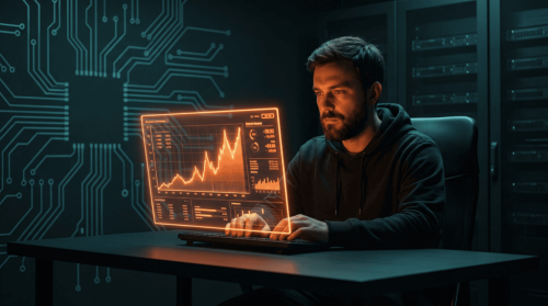 Man analyzing data on a futuristic digital screen in a high-tech environment.