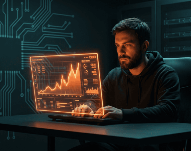 Man analyzing data on a futuristic digital screen in a high-tech environment.
