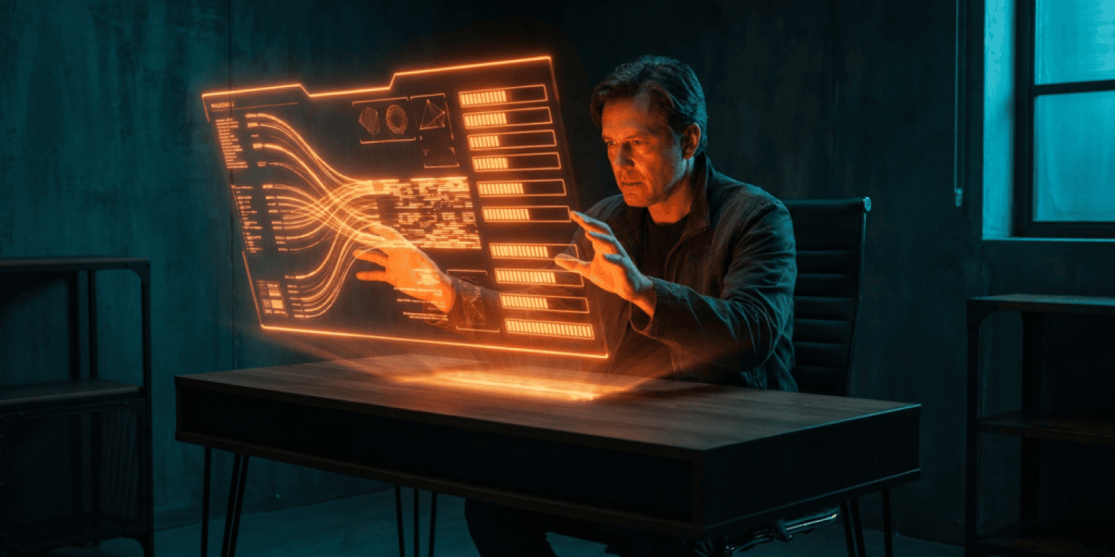 Man interacting with holographic AI interface in a dark room.