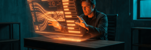 Man interacting with holographic AI interface in a dark room.