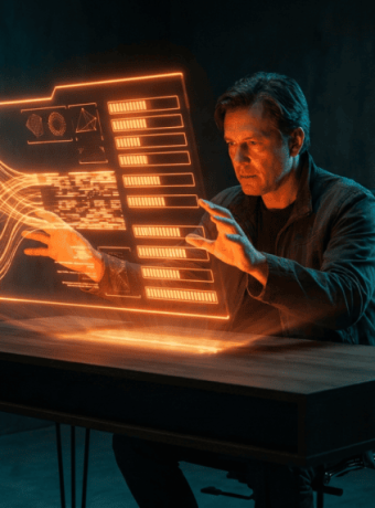 Man interacting with holographic AI interface in a dark room.