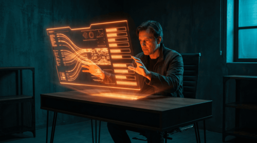 Man interacting with holographic AI interface in a dark room.