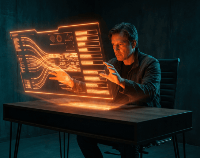 Man interacting with holographic AI interface in a dark room.