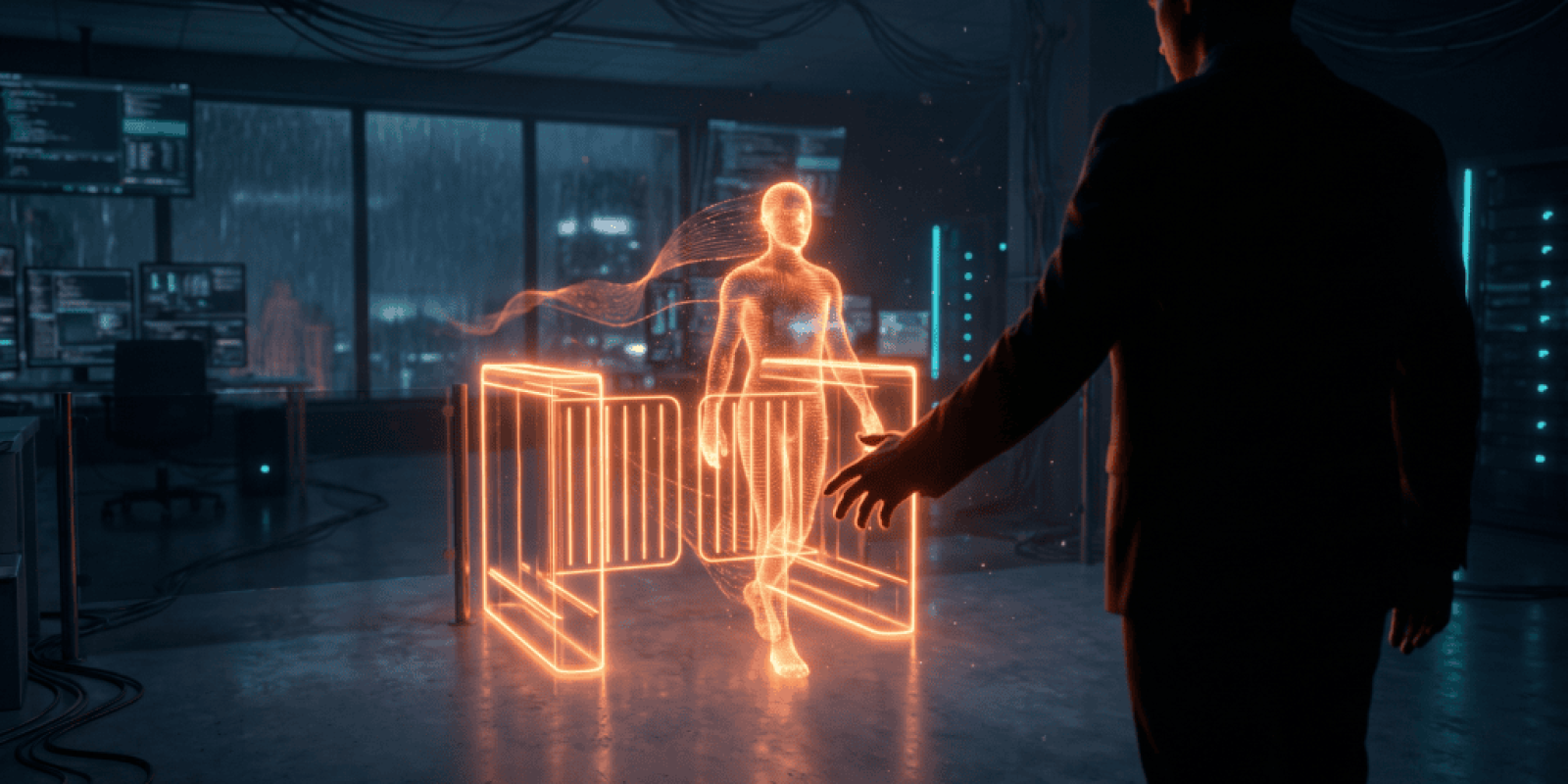 Futuristic holographic human figure in a high-tech control room.