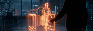 Futuristic holographic human figure in a high-tech control room.