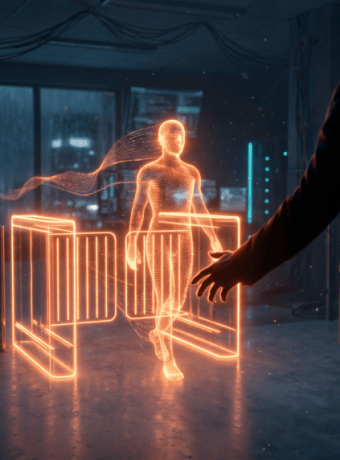 Futuristic holographic human figure in a high-tech control room.