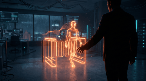 Futuristic holographic human figure in a high-tech control room.