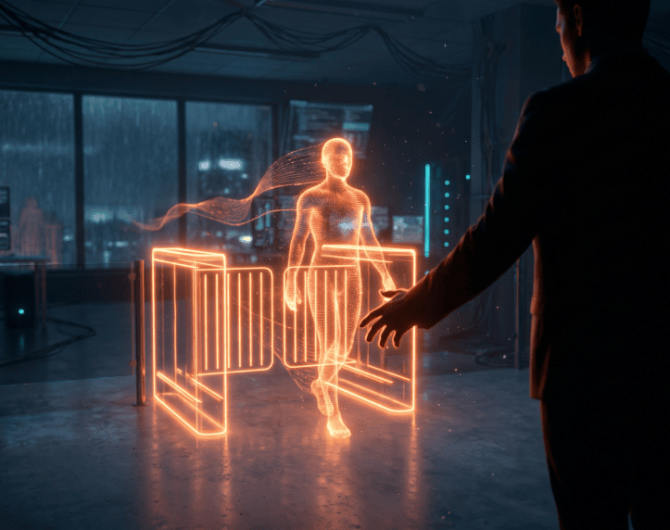 Futuristic holographic human figure in a high-tech control room.