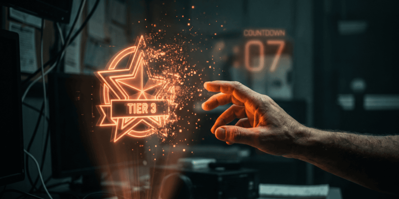 Futuristic hand interacts with holographic star and tier 3 badge in a tech lab.