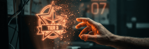 Futuristic hand interacts with holographic star and tier 3 badge in a tech lab.