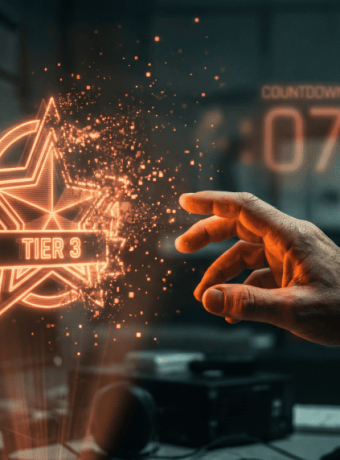 Futuristic hand interacts with holographic star and tier 3 badge in a tech lab.