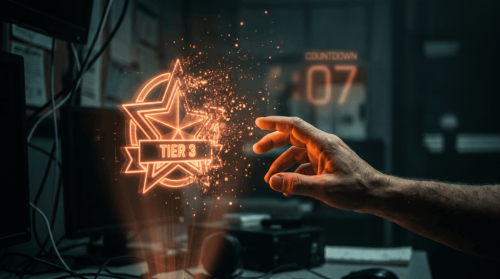 Futuristic hand interacts with holographic star and tier 3 badge in a tech lab.