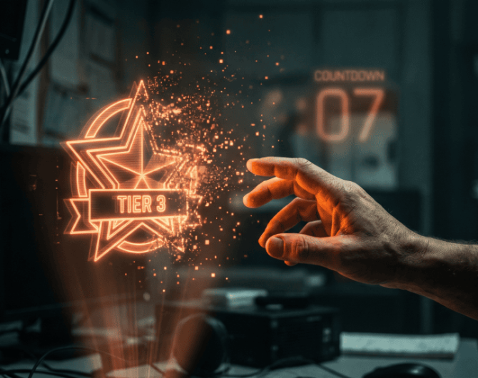 Futuristic hand interacts with holographic star and tier 3 badge in a tech lab.