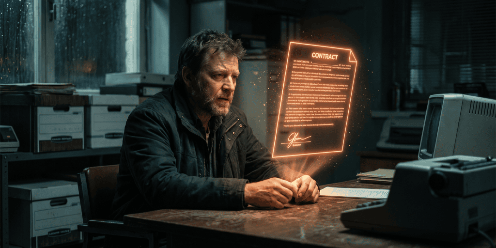 Man reviewing a digital contract hologram in a modern office setting.