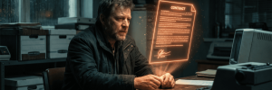 Man reviewing a digital contract hologram in a modern office setting.
