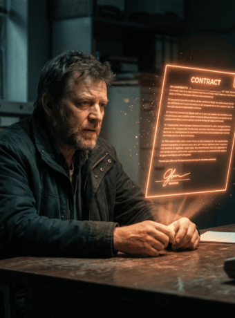 Man reviewing a digital contract hologram in a modern office setting.