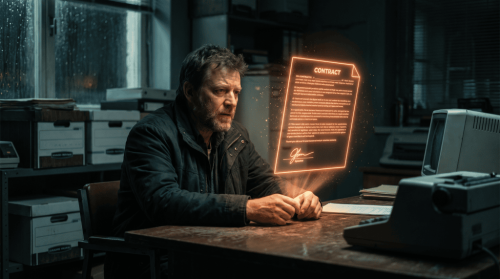 Man reviewing a digital contract hologram in a modern office setting.
