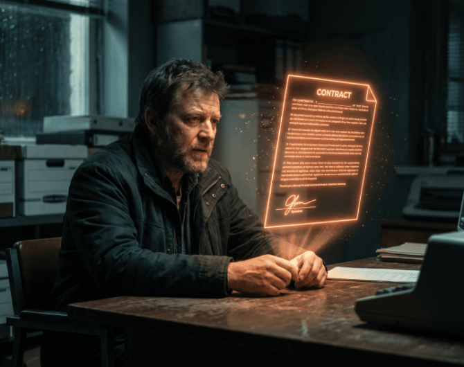 Man reviewing a digital contract hologram in a modern office setting.