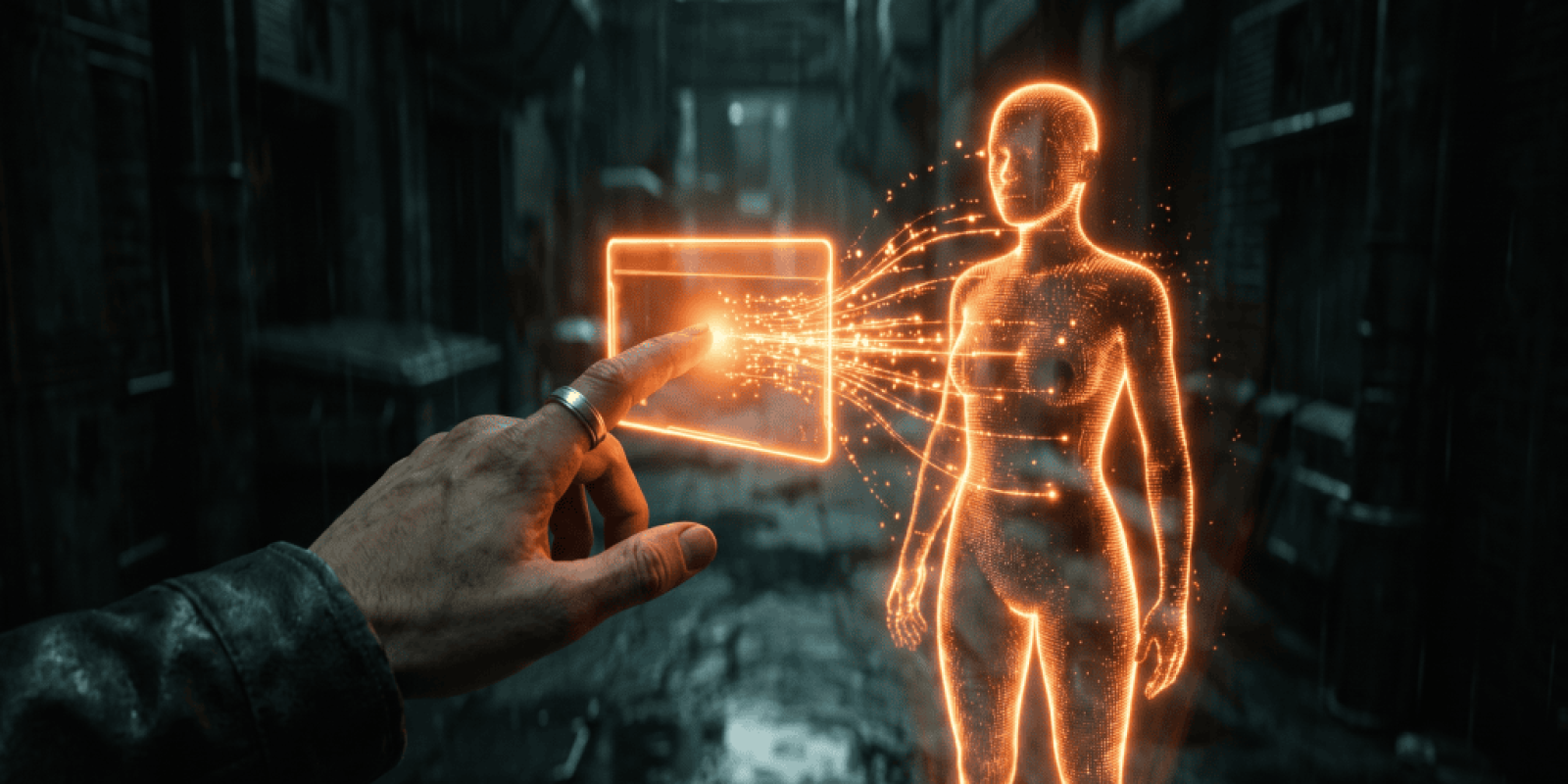 Futuristic digital human and hand interacting with holographic interface.