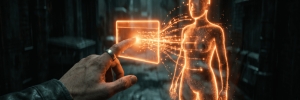Futuristic digital human and hand interacting with holographic interface.