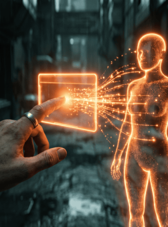 Futuristic digital human and hand interacting with holographic interface.