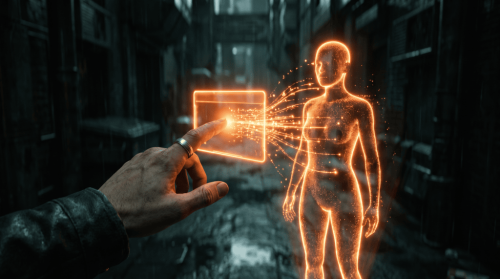 Futuristic digital human and hand interacting with holographic interface.