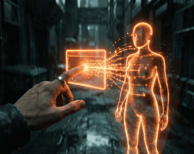 Futuristic digital human and hand interacting with holographic interface.