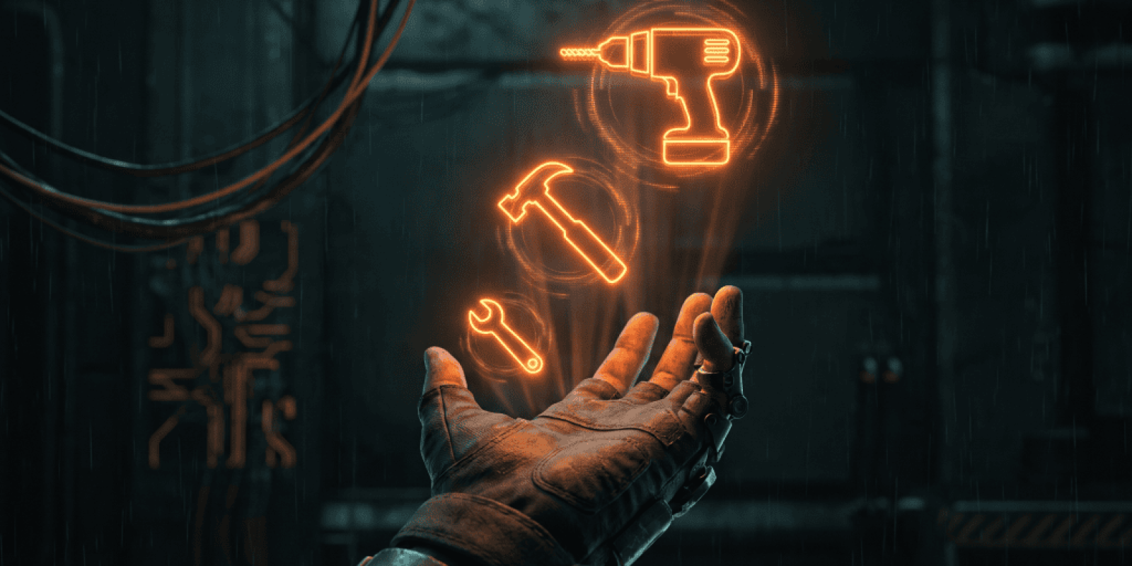 Neon icons of tools representing AI and automation technology.