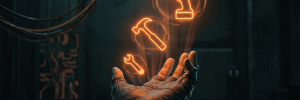 Neon icons of tools representing AI and automation technology.