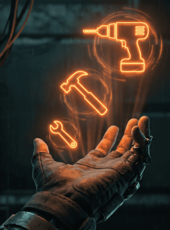 Neon icons of tools representing AI and automation technology.