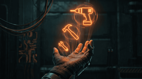 Neon icons of tools representing AI and automation technology.