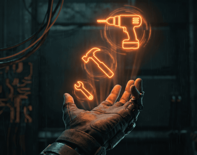 Neon icons of tools representing AI and automation technology.
